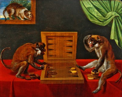 Dos monos jugando al tric trac en una mesa de Flemish School