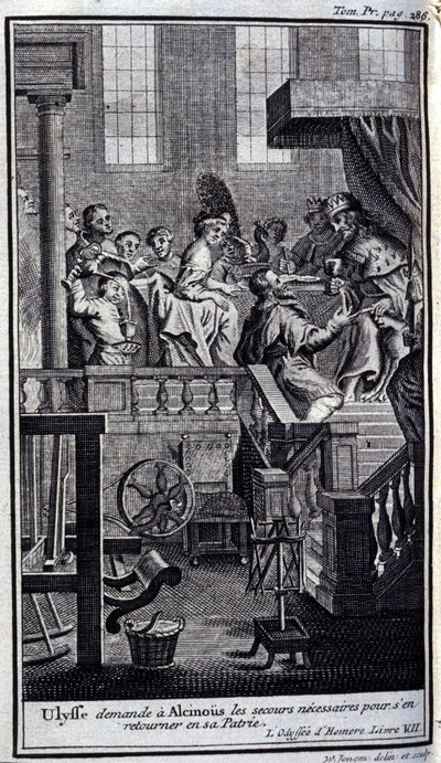 Ulises pide a Alcínoo la ayuda necesaria para regresar a su patria. Ilustración para el libro VII de la Odisea de Homero, en la Odisea, publicada en Ámsterdam en 1731, Colección privada Milán de Flemish School
