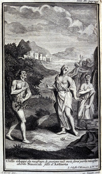 Ulises escapa del naufragio, y aunque desnudo pero forzado por la necesidad se acerca a Nausícaa, hija de Antínoo (Antinoos). Ilustración para el libro VI de la Odisea de Homero, en la Odisea, publicada en Ámsterdam en 1731, Milán. de Flemish School