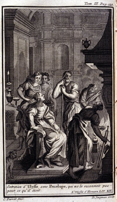 Ulises entrevista con Penélope, quien no lo reconoce. Ilustración para el libro XIX de la Odisea de Homero, en la Odisea, publicada en Ámsterdam en 1731, Colección privada Milán de Flemish School