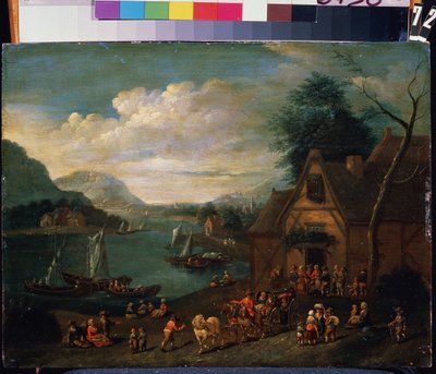 Una taberna a la orilla del mar. Pintura de un maestro flamenco, óleo sobre tabla, 30 x 35 cm. Escuela flamenca de los siglos XVI-XVIII. Museo Estatal Arkhangelskoye Estate, Moscú. de Flemish School