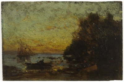 Barco y veleros, puesta de sol. En el reverso: Marina, entre 1850 y 1860 (óleo sobre madera) de Félix Ziem