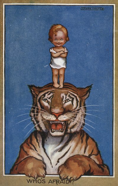 Bebé de pie sobre cabeza de tigre (litografía en color) de Flora White
