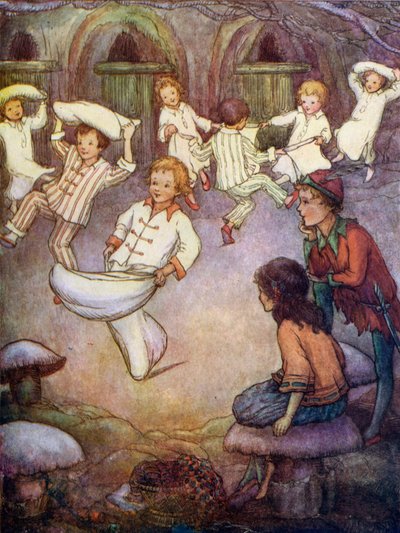 Baile y pelea de almohadas en el metro de casa (litografía en color) de Flora White