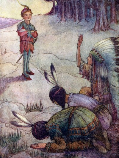Indios saludando a Peter Pan, como Gran Padre Blanco (litografía en color) de Flora White