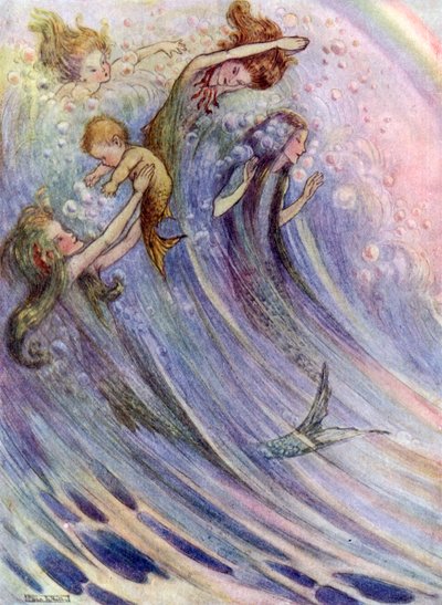 Sirenas jugando (litografía en color) de Flora White