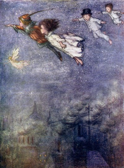 Peter y los niños volando por la noche (litografía en color) de Flora White