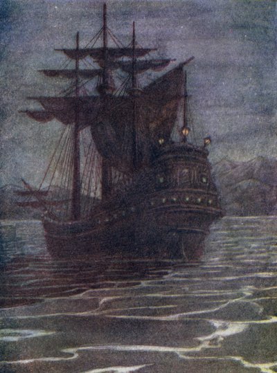 Barco pirata, la casa del viejo Garfio (litografía en color) de Flora White