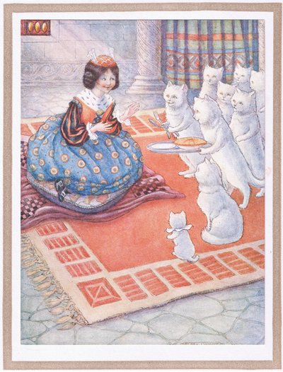 Los gatos trajeron a la princesa pastel de ratón (litografía en color) de Flora White