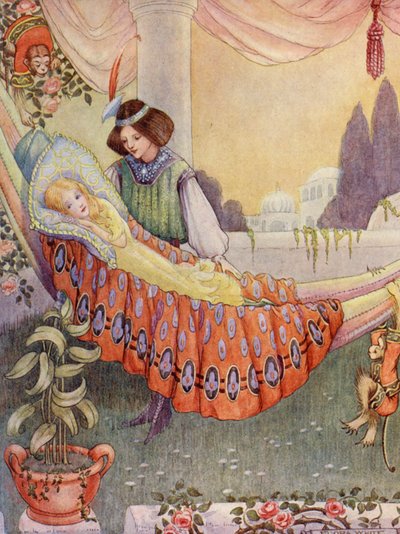 La princesa puso a las doncellas en hamacas (litografía en color) de Flora White