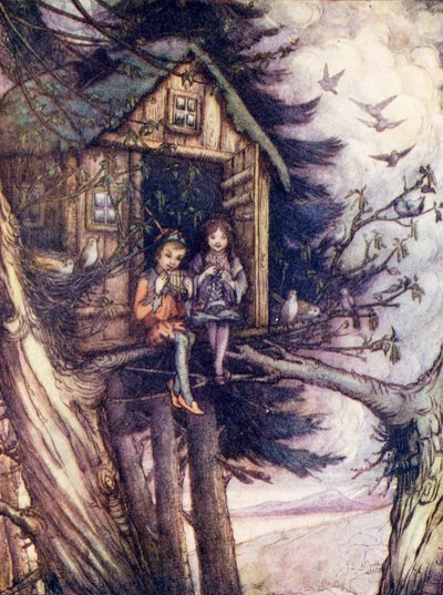 Las copas de los árboles, donde Wendy y Peter vivían felices (litografía en color) de Flora White