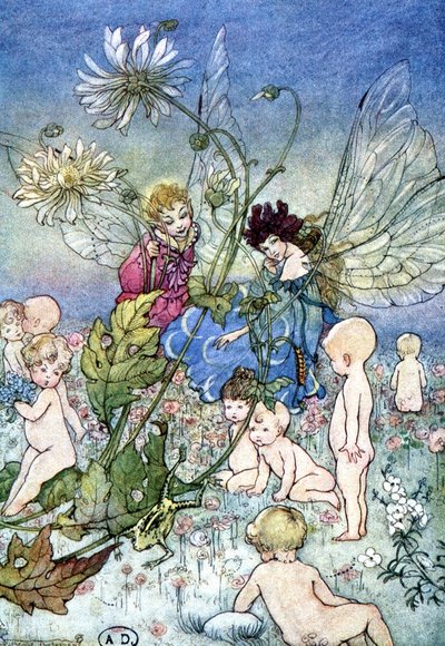 Mujer-libélula (hada) y elfo rodeados de bebés - en "Mi Tierra de Hadas" por Fiona Malcom, il. Florence Anderson de Florence Anderson