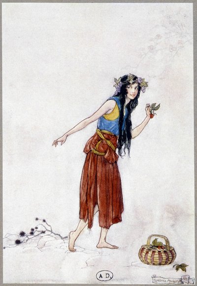 Niña en la nieve con fresa, “Mi país de las hadas” por Fiona Malcom, ilustración de Florence Anderson de Florence Anderson