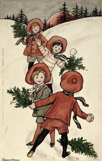Niños con acebo lanzando bolas de nieve de Florence Hardy