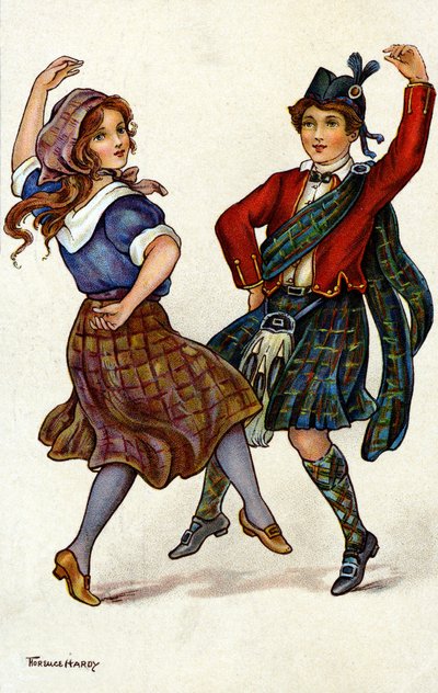 Pareja bailando en traje tradicional escocés. Cromolitografía de Florence Hardy de Florence Hardy