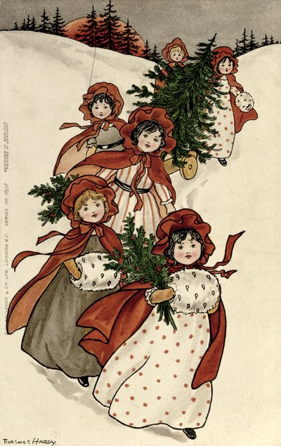 Niñas con acebo y el árbol de Navidad de Florence Hardy
