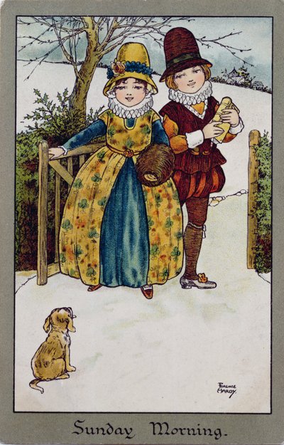 Mañana de Domingo, tarjeta victoriana (litografía a color) de Florence Hardy