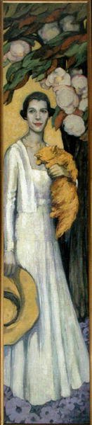 Retrato de Emily MacFadden con su gato (óleo sobre lienzo) de Florence Lundborg