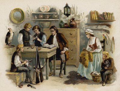 Escena de La familia suiza Robinson: El padre leyendo a la familia en el Castillo de las Rocas (cromolito) de Florence Maplestone