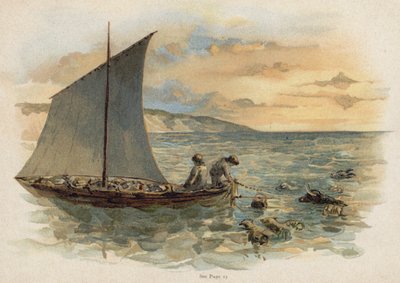 Escena de La familia suiza Robinson: sacando a los animales del naufragio (cromolito) de Florence Maplestone