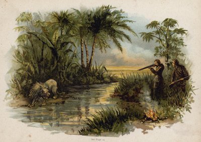 Escena de La familia suiza Robinson: la caza del león (cromolito) de Florence Maplestone