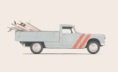 Coche de camioneta con tablas de surf, 2019 (lápiz, digital) de Florent Bodart