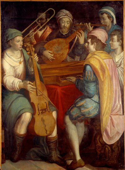 Concierto. Músicos de laúd, espineta, trombón y viola de gamba. Pintura anónima de la Escuela Florentina 1550-1600 de Florentine School