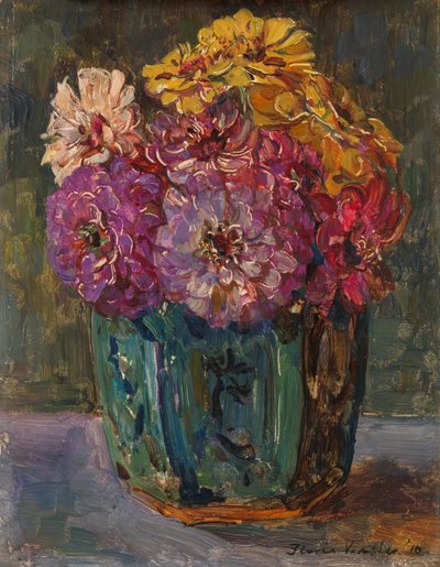 Naturaleza muerta con zinnias en un tarro verde de Floris Verster