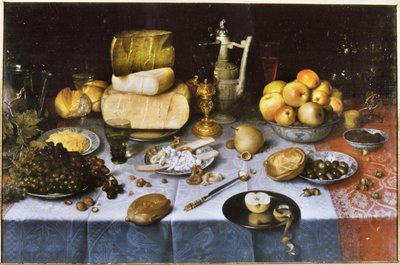 Holandés: Bodegón con fruta, queso, pan y vino Mesa puesta con queso y fruta de Floris van Dyck