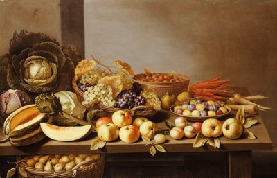 Cuencos de frutas y nueces en una mesa de madera con una canasta de peras debajo de Floris Gerritsz van Schooten