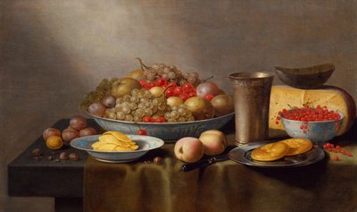 Bodegón con frutas, queso, pan y una copa de Floris Gerritsz van Schooten