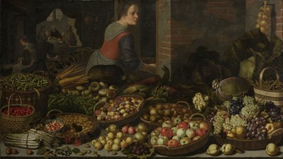 Naturaleza muerta con frutas y verduras, con Cristo en Emaús en el fondo, c. 1630 de Floris Gerritsz van Schooten