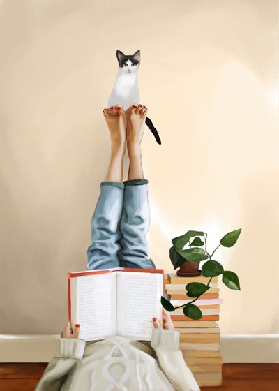 Un gato acurrucado leyendo de Flow Line