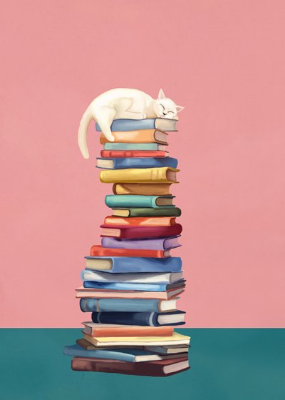 Un gatito acurrucado sobre libros de colores de Flow Line