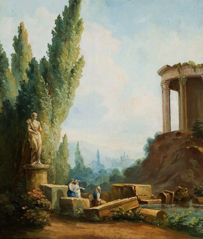 Paisaje con las ruinas del Templo de la Sibila en Tívoli de Follower of Hubert Robert