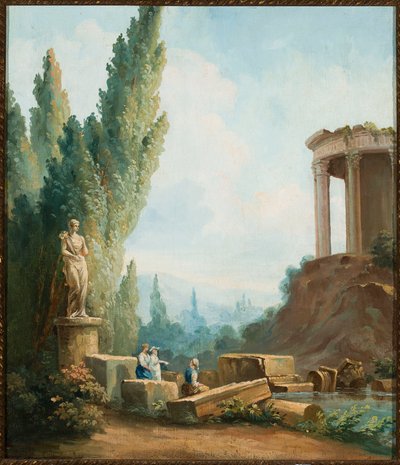 Paisaje con las ruinas del Templo de la Sibila en Tívoli de Follower of Hubert Robert