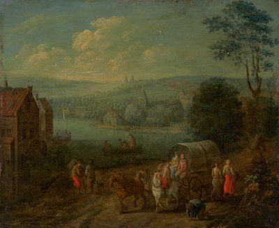 Paisaje fluvial con aldeas y viajeros [verso] de Follower of Peeter Gysels