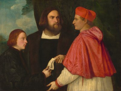 Girolamo y el cardenal Marco Corner invistiendo a Marco, abad de Carrara, con su beneficio de Follower of Titian