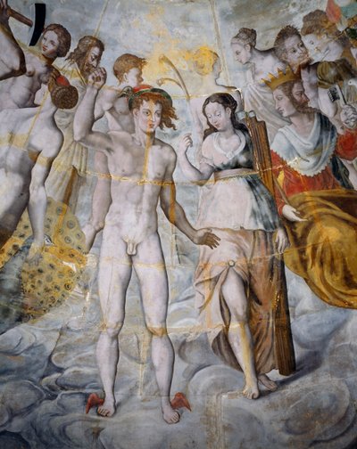 Mercurio, mensajero de los dioses y Psique, Jano a la derecha, frescos en la torre dorada de Ligue, Escuela de Fontainebleau, Castillo de Tanlay (siglos XVI-XVII), Borgoña, Francia de Fontainebleau School