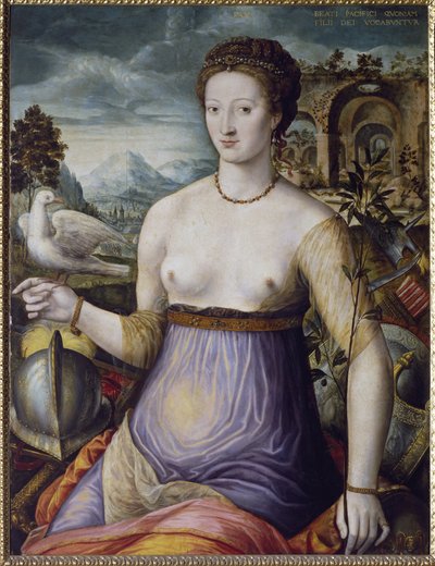 La alegoría de la Paz, o Diana de Poitiers sosteniendo una paloma Retrato de la Duquesa de Valentinois Diana de Poitiers (1499-1566), favorita del Rey Enrique II de Francia. Pintura de la Escuela de Fontainebleau, siglo XVI. Florencia, Museo Nazionale del  de Fontainebleau School