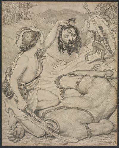 David y Goliat, caricatura para vidriera en Jesus College, Cambridge de Ford Madox Brown