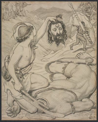 David y Goliat, Cartón para vidriera en Jesus College, Cambridge, 1872 de Ford Madox Brown