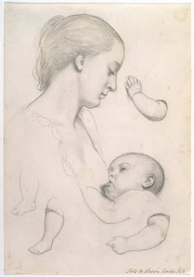 Comida del infante - Estudio de una madre y un niño con estudios separados del brazo y la pierna del niño, 1848 de Ford Madox Brown