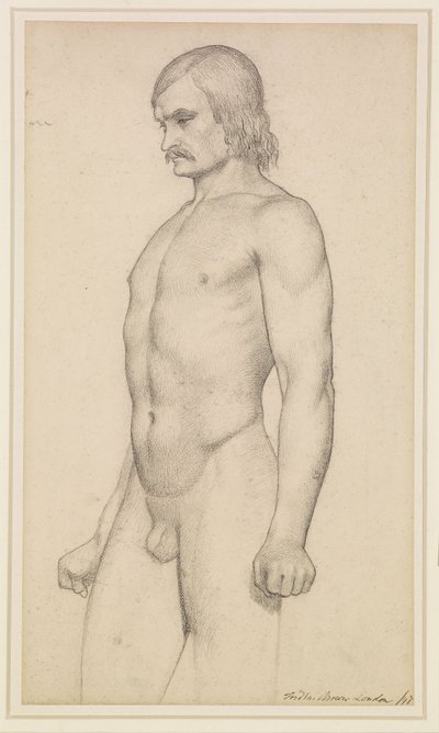 Desnudo masculino - Estudio académico, desnudo de tres cuartos, con bigote y puños cerrados de Ford Madox Brown