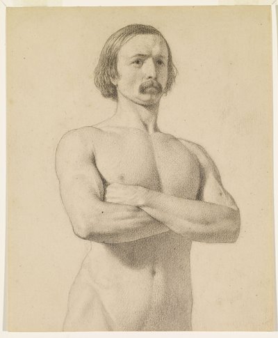 Desnudo masculino - Estudio de desnudo académico, de medio cuerpo con bigote y brazos cruzados de Ford Madox Brown