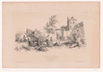 Granja con pozo, vagón de heno y varias figuras. Curso de dibujo con estudios de paisajes, animales y detalles (título de la serie) Curso el diseño. Paysages, figures, animaux, accessories, de Férogio (título de la serie sobre el objeto) de Fortuné Ferogio