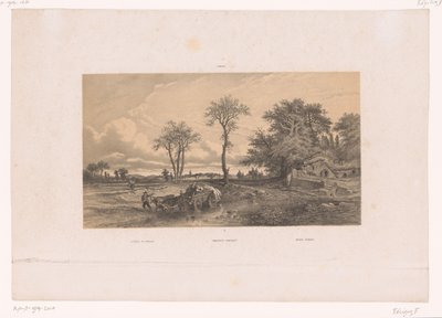 Carro de granja con bueyes en un paisaje húngaro Paisaje en Hungría / Ungarische Landschaft / Paisage Húngaro (título sobre objeto) Figuras en un paisaje (título de la serie) de Fortuné Ferogio