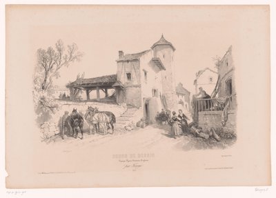 Calle del pueblo con caballos y varias figuras. Curso de dibujo con estudios de paisajes, animales y detalles (título de la serie) Curso el diseño. Paysages, figures, animaux, accessories, de Férogio (título de la serie sobre el objeto) de Fortuné Ferogio
