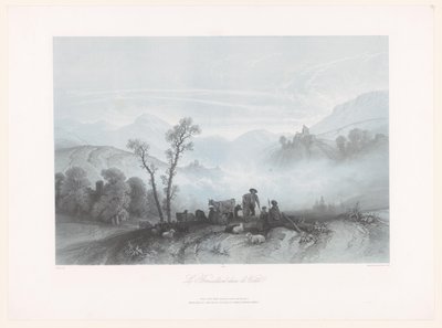 Pastores con vacas y ovejas en un valle brumoso Le Brouillard dans la Vallée (título sobre objeto) de Fortuné Ferogio