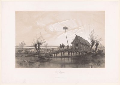 Paisaje de pantano con vacas y figuras cerca de una casa con puente
Le Marais (título en el objeto) de Fortuné Ferogio